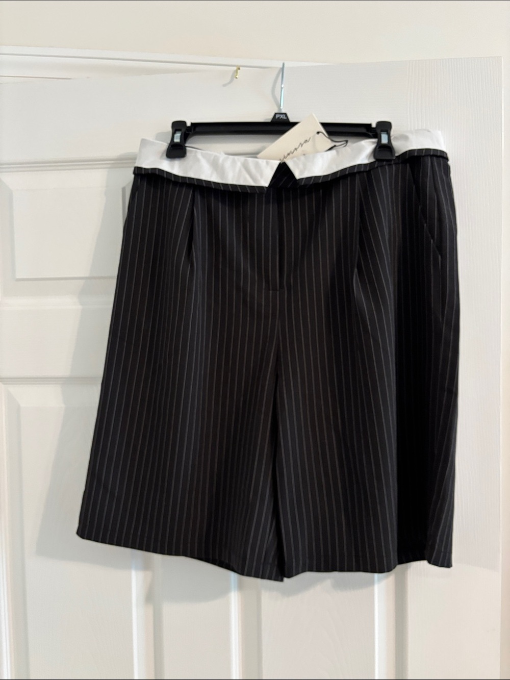 Black Pinstripe Shorts  with White fold down Waistband